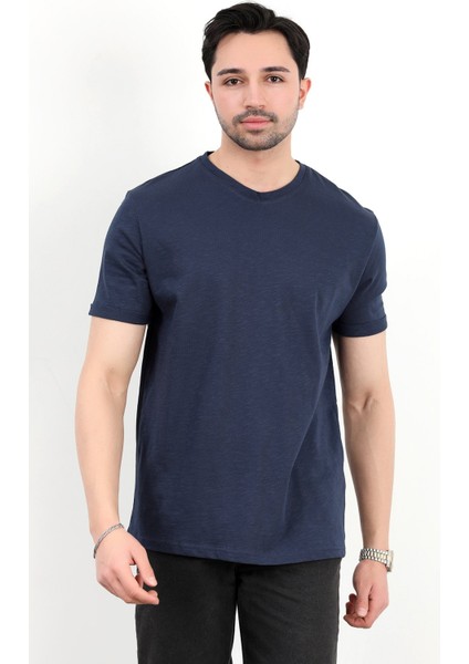 Erkek Bisiklet Yaka Basic %100 Pamuklu T-Shirt Lacivert - 25Y 2735