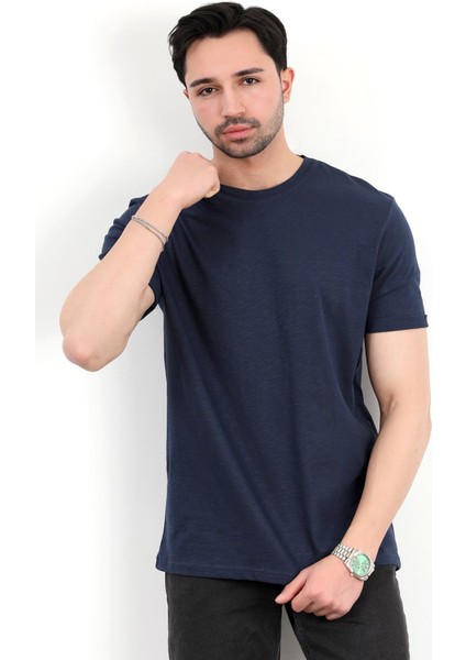 Erkek Bisiklet Yaka Basic %100 Pamuklu T-Shirt Lacivert - 25Y 2735 indirimleri