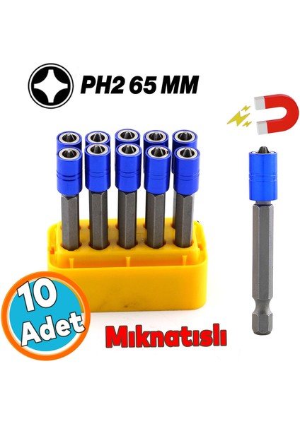 Mıknatıslı Bits Uç Ph2 65 mm Renkli Vida Tutucu Sökme Yıldız Matkap Vidalama Ucu S2 Çeliği (10 Adet)
