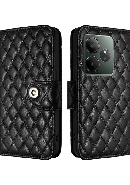 Realme Gt 6 5g Global Için Eşkenar Dörtgen Dokulu Deri Kılıf (Yurt Dışından)