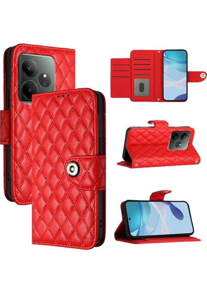 Realme Gt 6 5g Global Için Eşkenar Dörtgen Dokulu Deri Kılıf (Yurt Dışından)