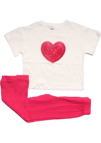 Kız Çocuk Beyaz Fuşya Kalp Nakışlı 2 Li Takım - 1013387