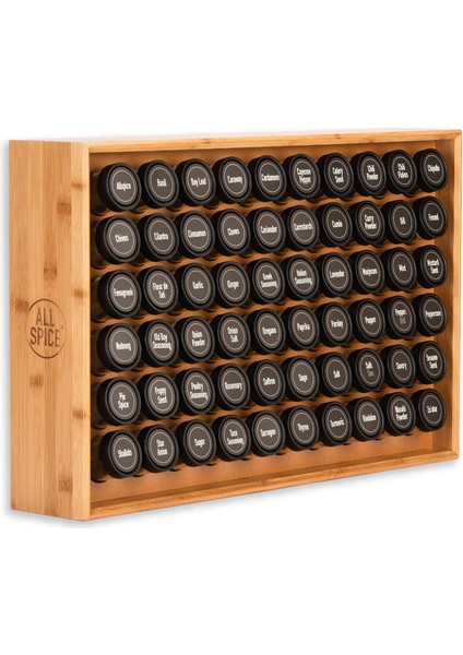Bambu Ahşap Baharat Rafı, 60 Kavanoz Dahil, 118 Ml, Duvara Montajlı Şık ve Dayanıklı