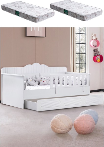 Yavrulu Karyola, Flower Yavrulu Montessori Karyola - Beyaz + 2 Adet Comfort Yatak