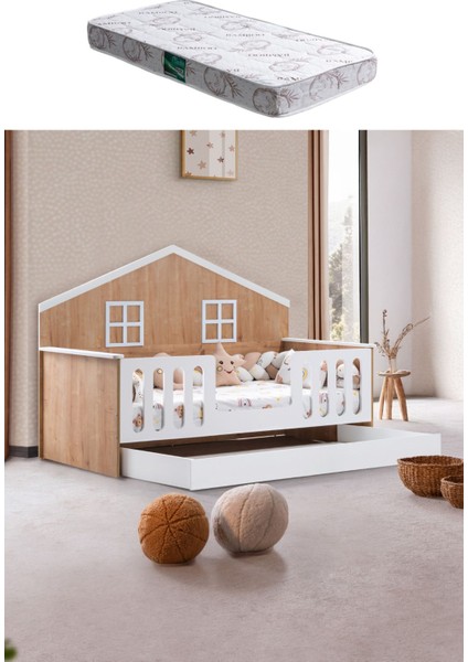 Yavrulu Karyola, Bello Yavrulu Montessori Yatak - Ceviz + 1 Adet Comfort Yatak