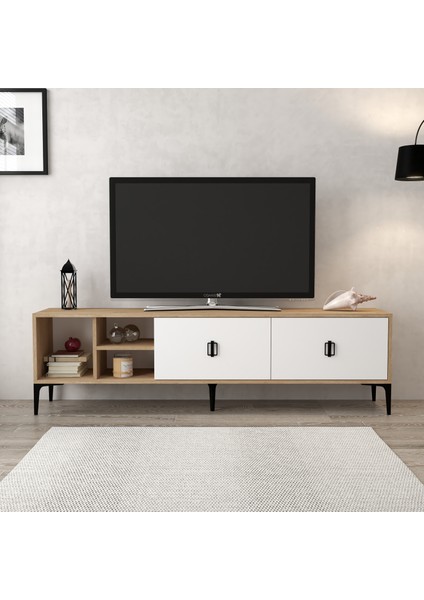 3804 Era Tv Ünitesi 180 cm 2 Kapaklı Raflı Sepet - Beyaz