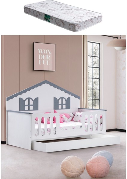 Yavrulu Karyola, Poli Yavrulu Montessori Yatak - Gri + 1 Adet Comfort Yatak