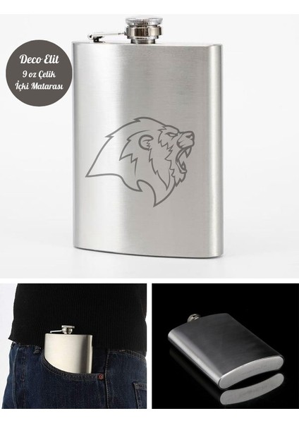 Aslan Temalı 9 Oz Paslanmaz Çelik Cep Matarası 266 ml Içecek Cep Matarası
