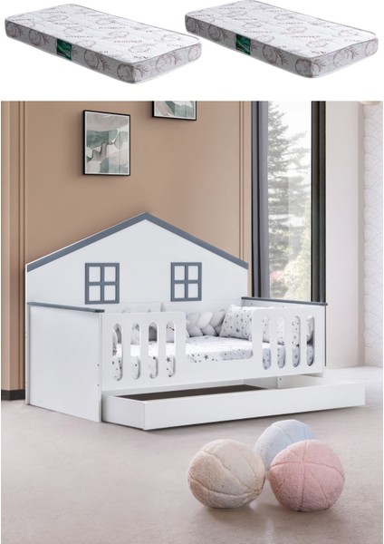 Yavrulu Karyola, Bello Yavrulu Montessori Yatak - Gri + 2 Adet Comfort Yatak