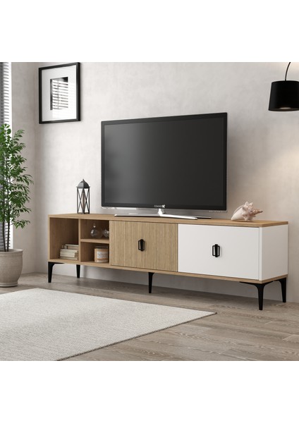 3806 Era Tv Ünitesi 180 cm 2 Kapaklı Raflı Sepet - Beyaz - Yunus