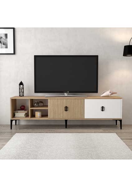 3806 Era Tv Ünitesi 180 cm 2 Kapaklı Raflı Sepet - Beyaz - Yunus