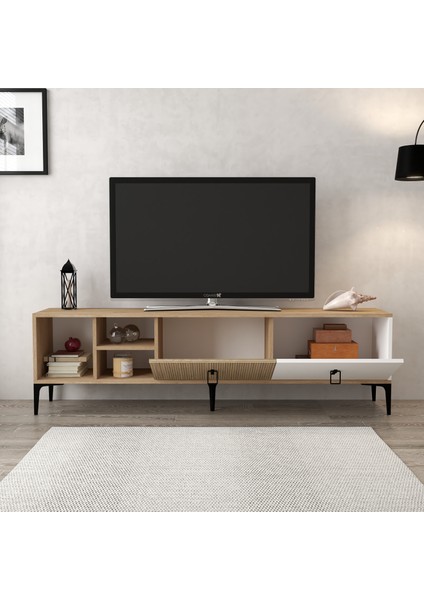 3806 Era Tv Ünitesi 180 cm 2 Kapaklı Raflı Sepet - Beyaz - Yunus