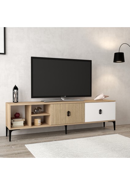 3806 Era Tv Ünitesi 180 cm 2 Kapaklı Raflı Sepet - Beyaz - Yunus