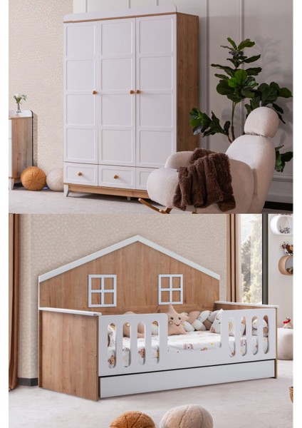 Bello Çocuk Odası Takımı, Bello Yavrulu Karyola, Berlin 3 Kapaklı Dolap - Ceviz