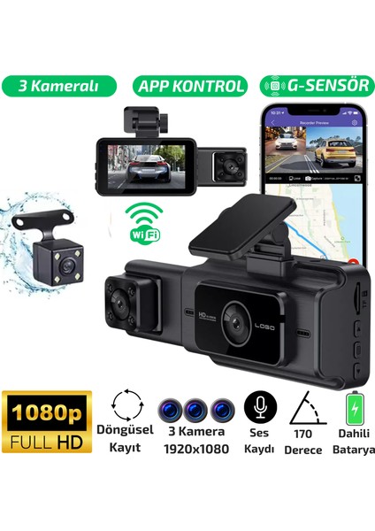S-15 Wi-Fi Full Hd 3 Kameralı Araç Içi Güvenlik Kamerası 64GB – Ir Gece Görüşü, Ön-Arka-Iç Kayıt,dashcam