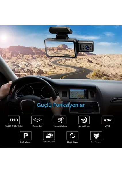 S-15 Wi-Fi Full Hd 3 Kameralı Araç Içi Güvenlik Kamerası 64GB – Ir Gece Görüşü, Ön-Arka-Iç Kayıt,dashcam