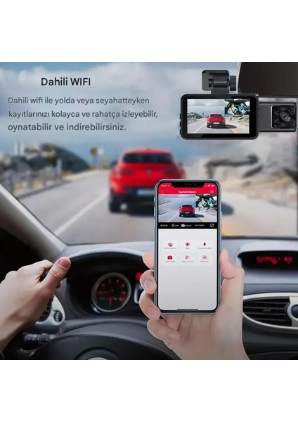 S-15 Wi-Fi Full Hd 3 Kameralı Araç Içi Güvenlik Kamerası 64GB – Ir Gece Görüşü, Ön-Arka-Iç Kayıt,dashcam