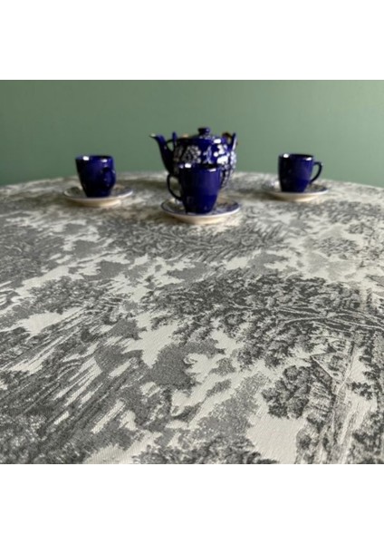 Yüksek Kaliteli Desenli Jakarlı Dokuma Kumaş Yuvarlak 160 x 160 Masa Örtüsü Gri Ağırlıklı