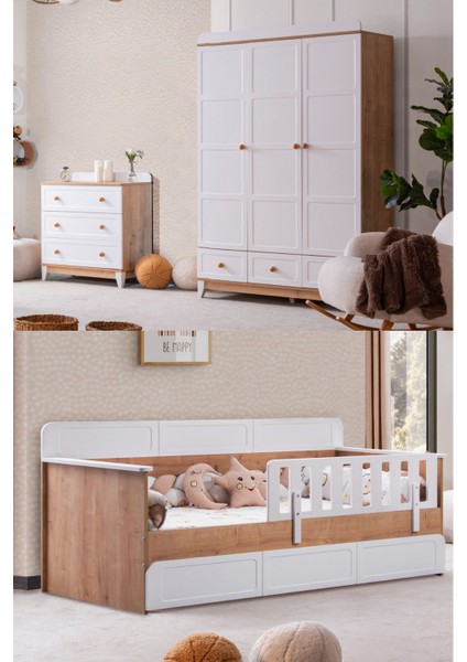Mira Çocuk Odası Takımı, Mira Yavrulu Karyola, Berlin 3 Kapaklı Dolap, Şifonyer - Ceviz