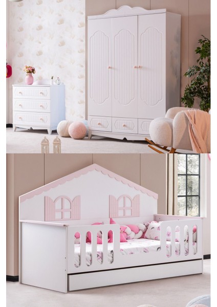 Poli Çocuk Odası Takımı, Poli Yavrulu Karyola, Flower 3 Kapaklı Dolap, Şifonyer - Pembe