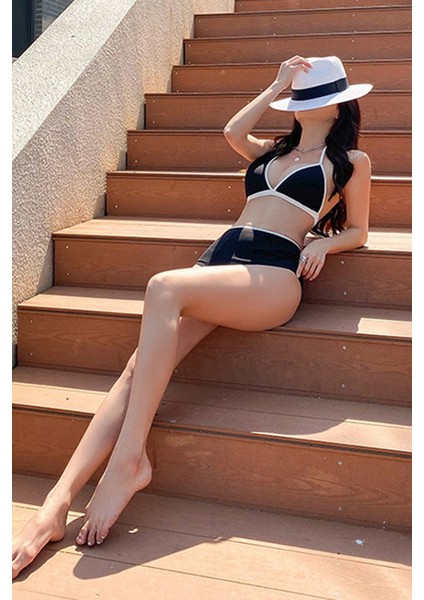 Kadın Siyah - Beyaz Kaşkorse Yüksek Bel Bikini Takımı modelleri
