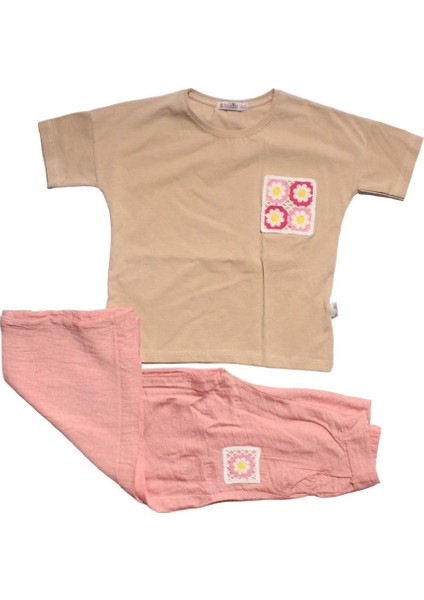 Kız Çocuk Bej Pembe Keten Pantalonlu Papatyalı 2 Li Takım - 1013373