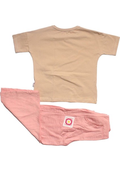 Kız Çocuk Bej Pembe Keten Pantalonlu Papatyalı 2 Li Takım - 1013373