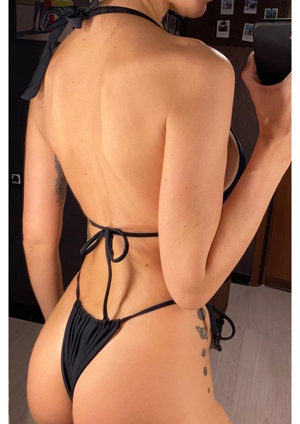 Kadın Siyah Yandan Bağlamalı Tangalı Üçgen Bikini Mayo Takımı