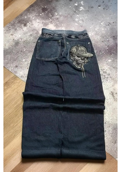 Lacivert Back Side Skull Head Salaş Baggy Kot Pantolon