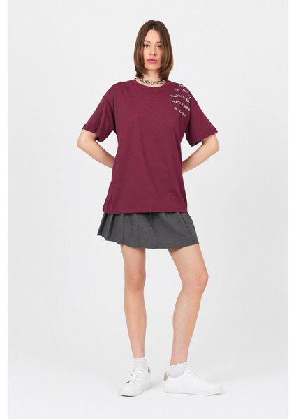 Bordo Göğüs Yazı Baskılı Pamuklu Oversize Tişört 2150-31M