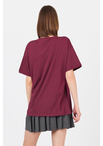 Bordo Göğüs Yazı Baskılı Pamuklu Oversize Tişört 2150-31M indirimleri
