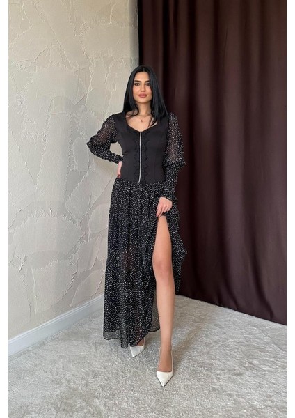 Siyah Dantelli Taşlı Şeritli Elbise