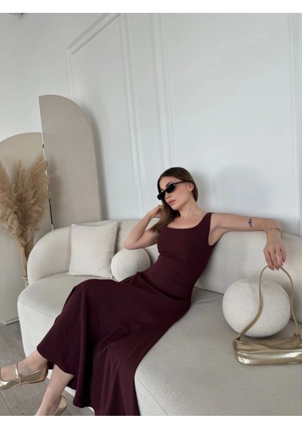 Sırt Dekolteli Kolsuz Uzun Elbise - Mürdüm