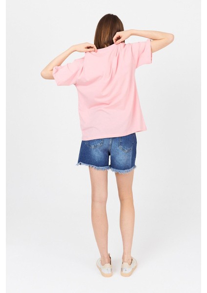 Pembe Göğüs Yazı Baskılı Pamuklu Oversize Tişört 2150-31M indirimleri