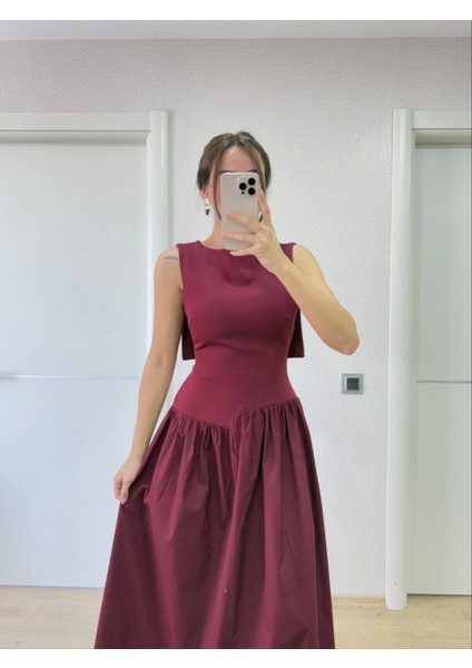 Kadın Bordo Kolsuz Arkası Kanatlı Uzun Şık Melek Elbise Abiye Elbise