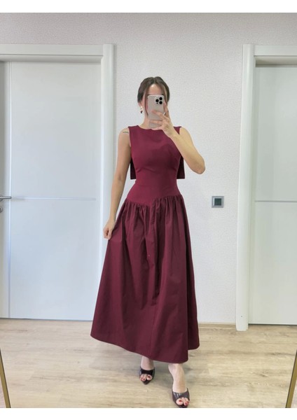 Kadın Bordo Kolsuz Arkası Kanatlı Uzun Şık Melek Elbise Abiye Elbise