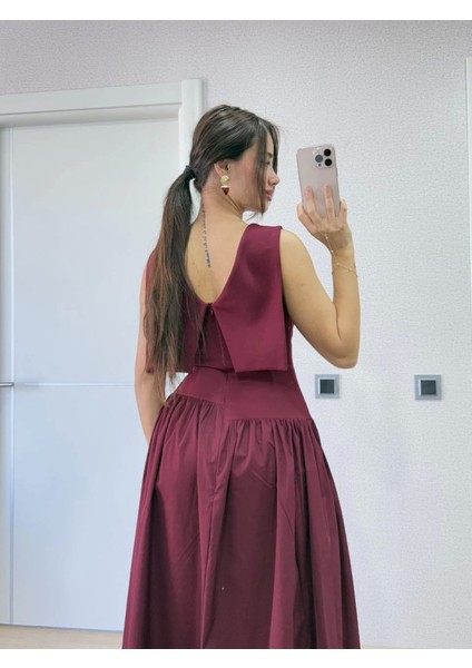 Kadın Bordo Kolsuz Arkası Kanatlı Uzun Şık Melek Elbise Abiye Elbise