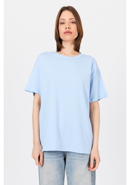 Mavi Arka Yazı Baskılı Kalpli %100 Pamuk Oversize Tişört 2150-33M
