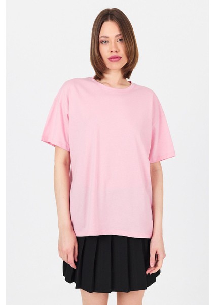 Pembe Arka Yazı Baskılı Kalpli %100 Pamuk Oversize Tişört 2150-33M fiyatları