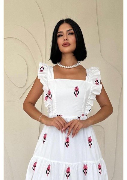 Kadın Fuşya Sıfır Kol Fırfırlı Şık Yazlık Elbise