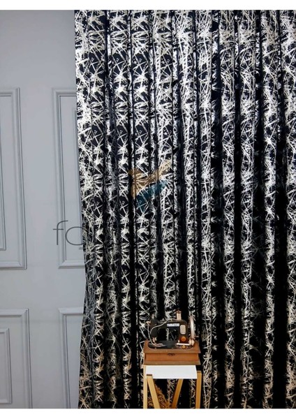 Siyah Gri Silver Varak Parlak Bağcıklı Opart Kumaş 3kat Pileli Fon Perde