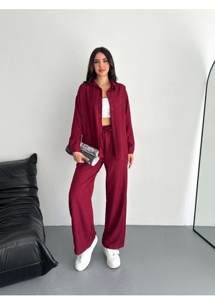 Kadın Gömlek Pantolon Şık Bordo İkili Takım