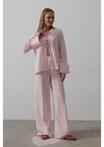Çzgili Bağlamalı Pantolon Takım - Pembe fırsatları
