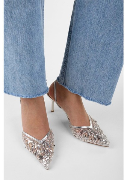 Kadın Melina Gümüş Tül Pul Boncuk Işlemeli Stiletto