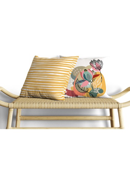 Tropikal Soyut Retro Desen , Çok Renkli , Çift Taraf Dijital Baskı ,2li Set , Kare Kırlent Kılıfı