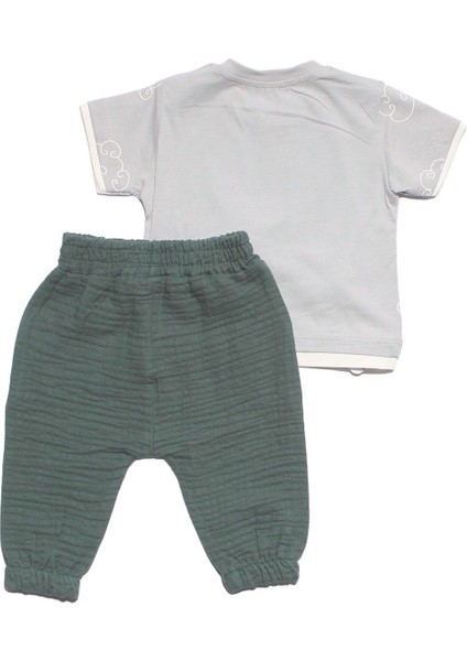 Erkek Bebek Gri Yeşil Müslin Pantolonlu Kaplan Baskılı 2'li Takım - 1013674