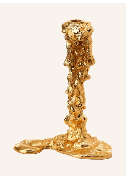 Drıp L Mumluk, 25 cm Altın Kaplama Soyut Metal Tasarım, Konik Mum Uyumlu