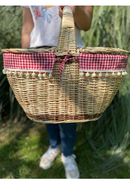 m Kapaklı Içi Örtülü Hasır x xl Büyük Boy Piknik Sepeti