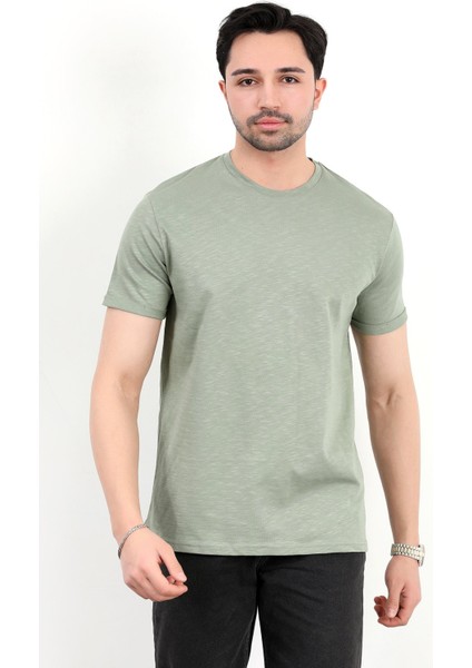 Erkek Bisiklet Yaka Basic %100 Pamuklu T-Shirt Yeşil - 25Y 2735
