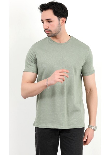 Erkek Bisiklet Yaka Basic %100 Pamuklu T-Shirt Yeşil - 25Y 2735
